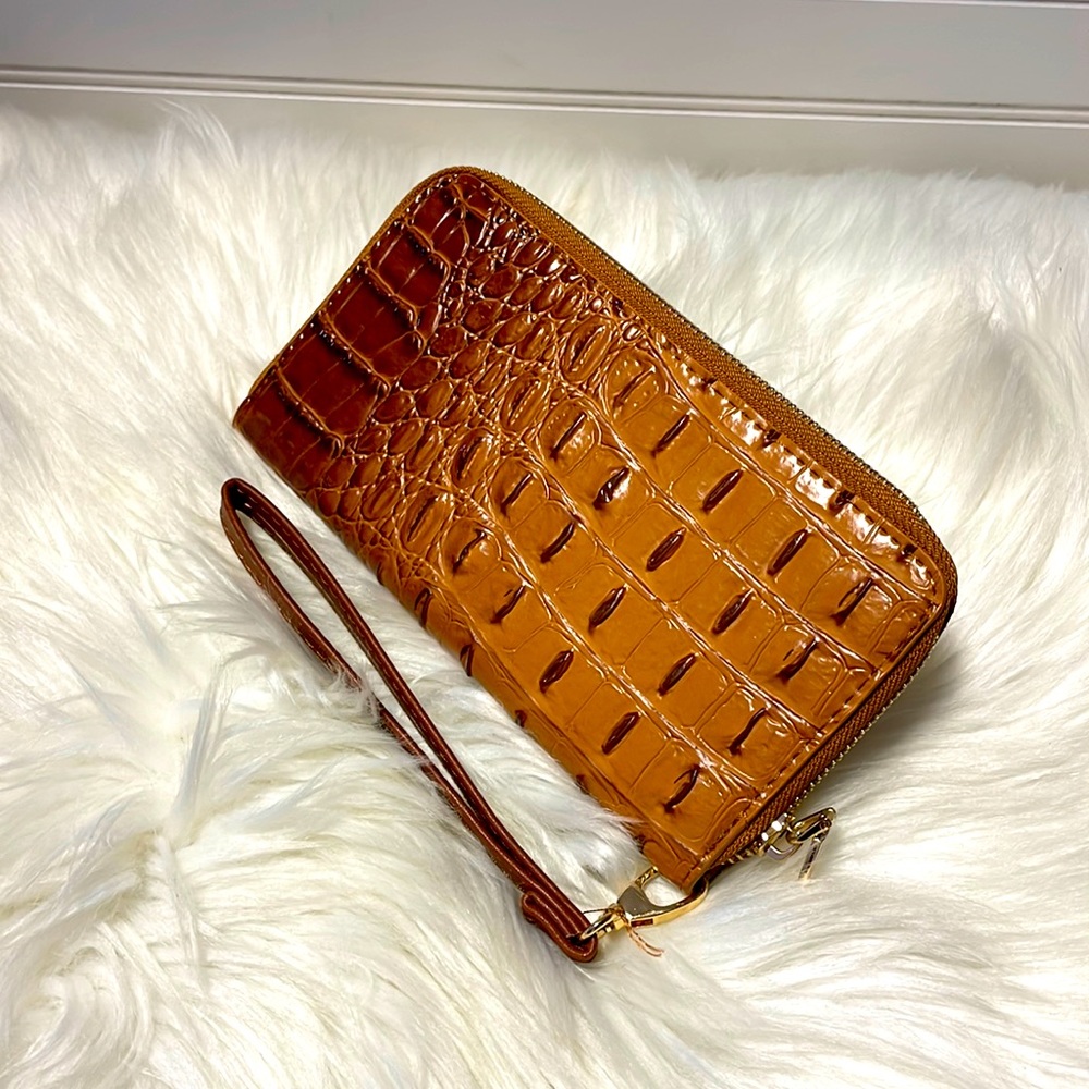 Tritexture Brown Single Zipper Wallet with Strap